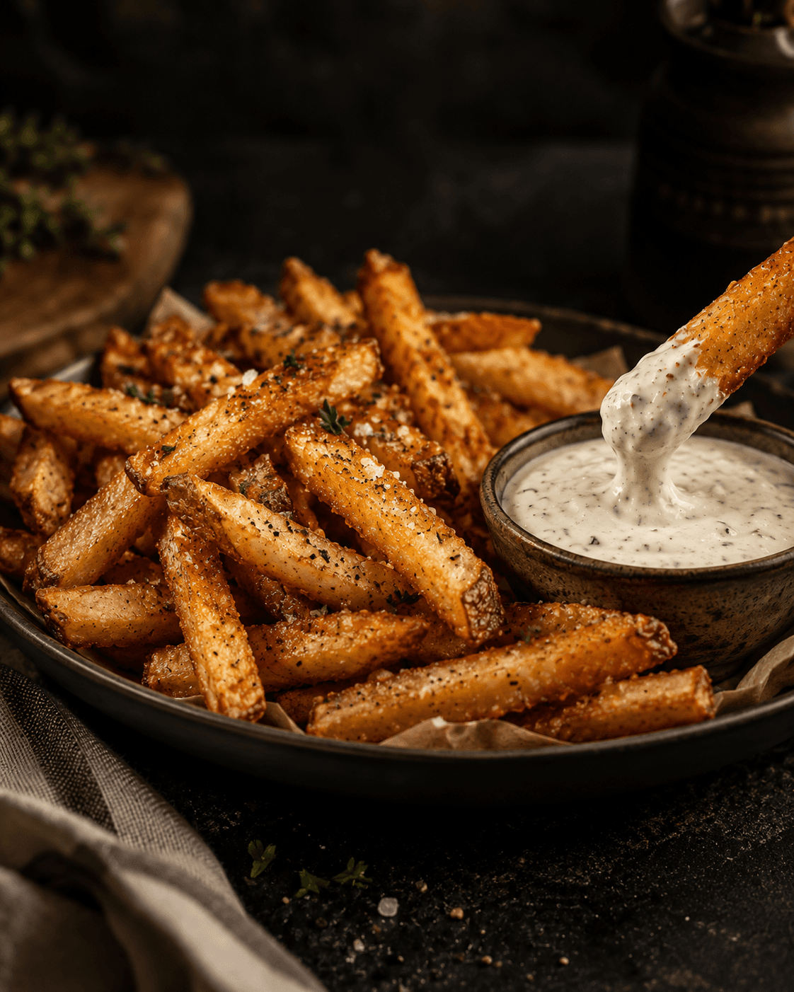 A crispy fry dipped into a bowl of Ranch Haus ranch