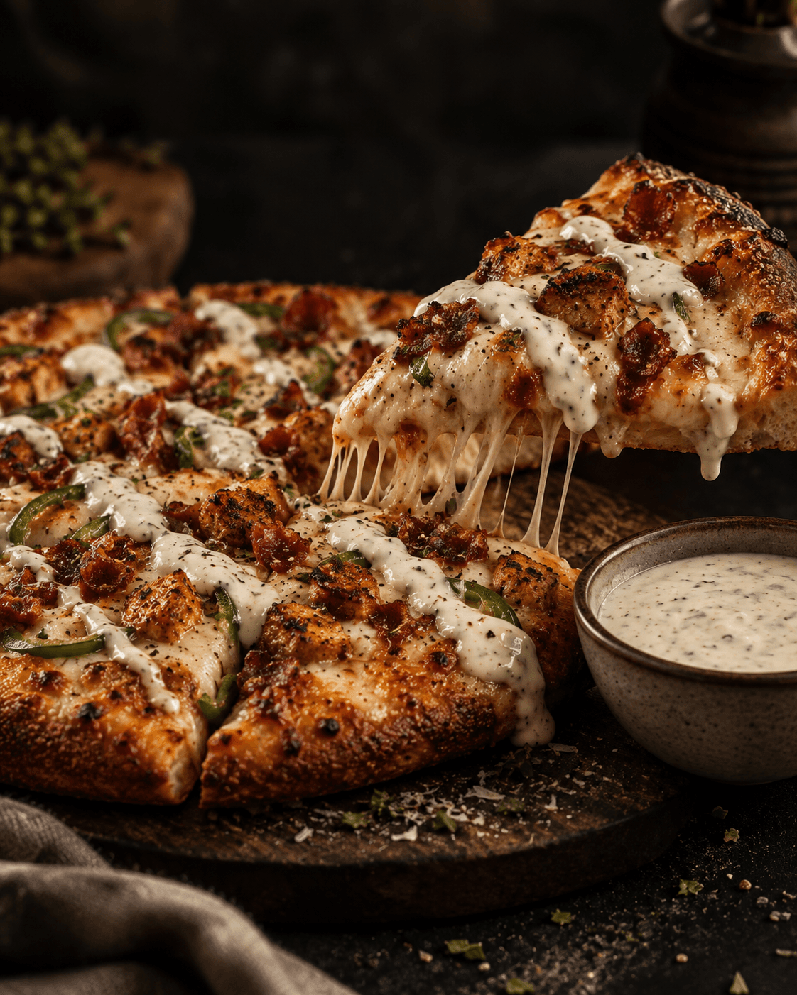 A cheesy slice of pizza with Ranch Haus ranch drizzled on top