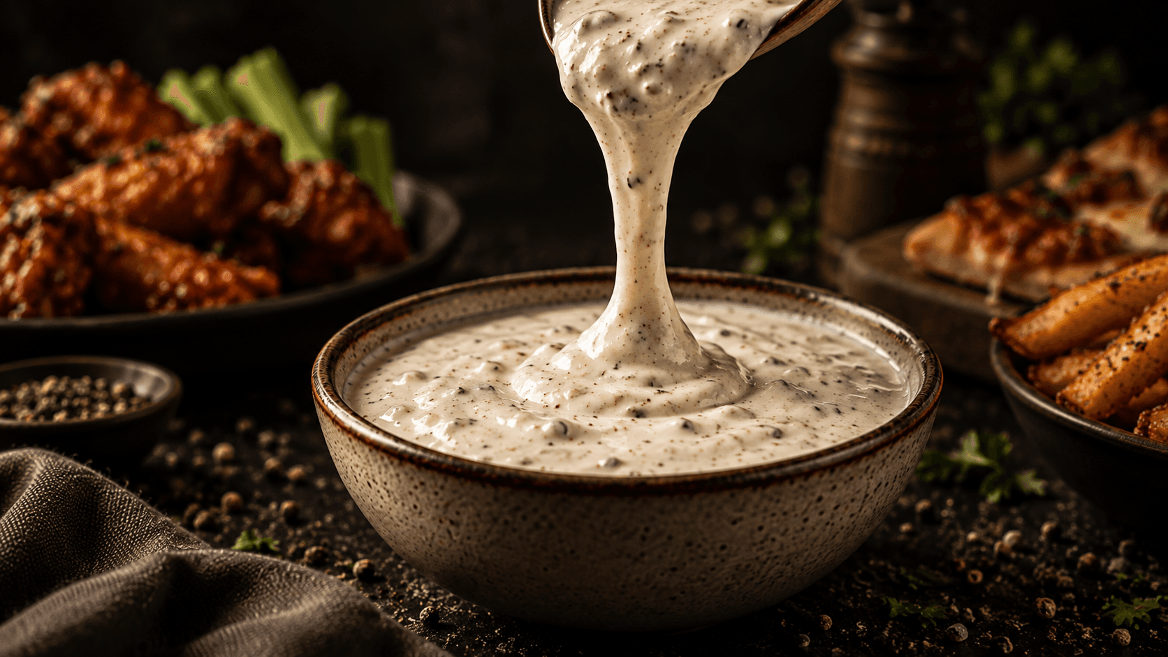 Ranch Haus ranch being poured into a bowl, surrounded by wings, fries and pizza