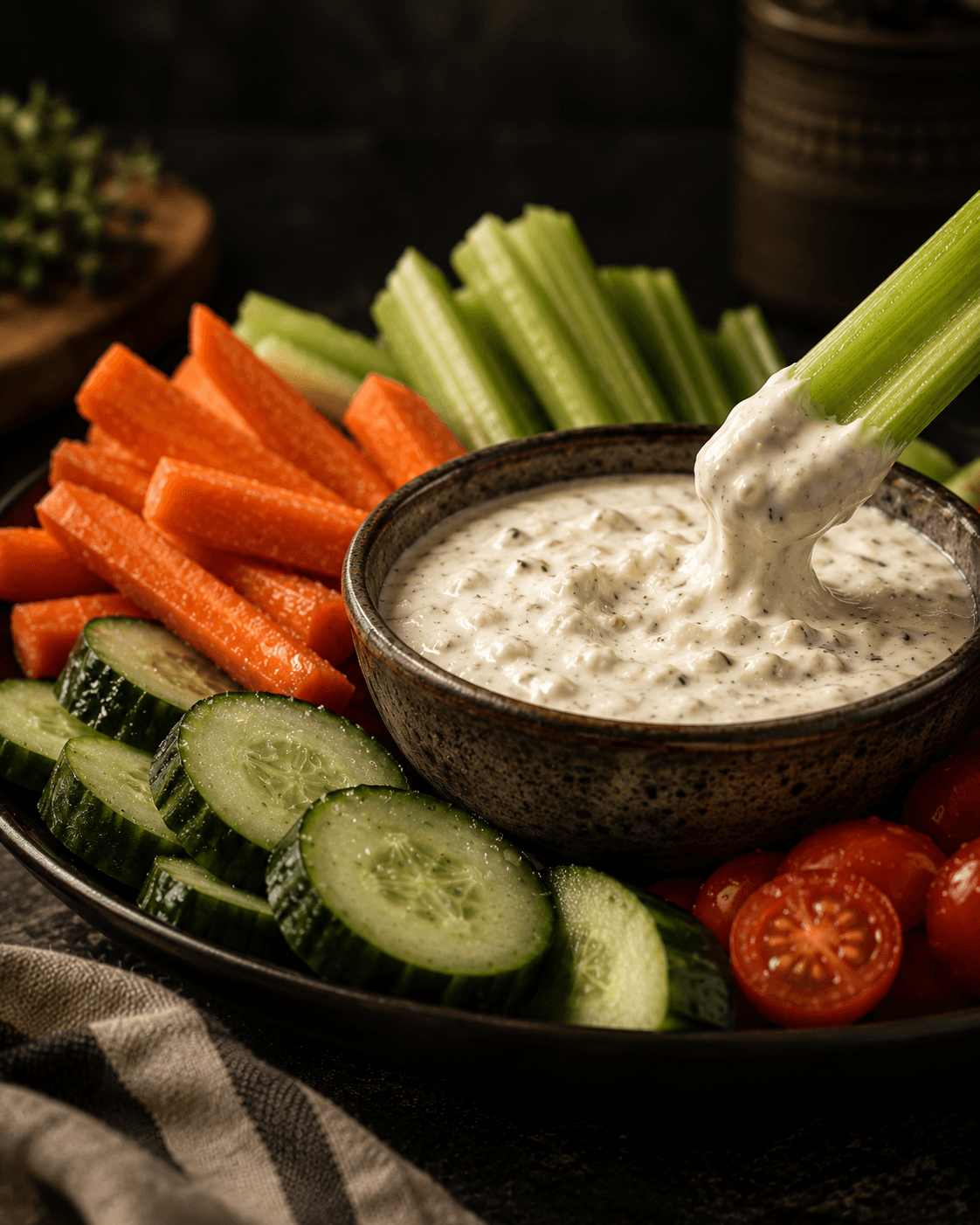 Fresh carrots, cucumbers and celery with a bowl of Ranch Haus ranch