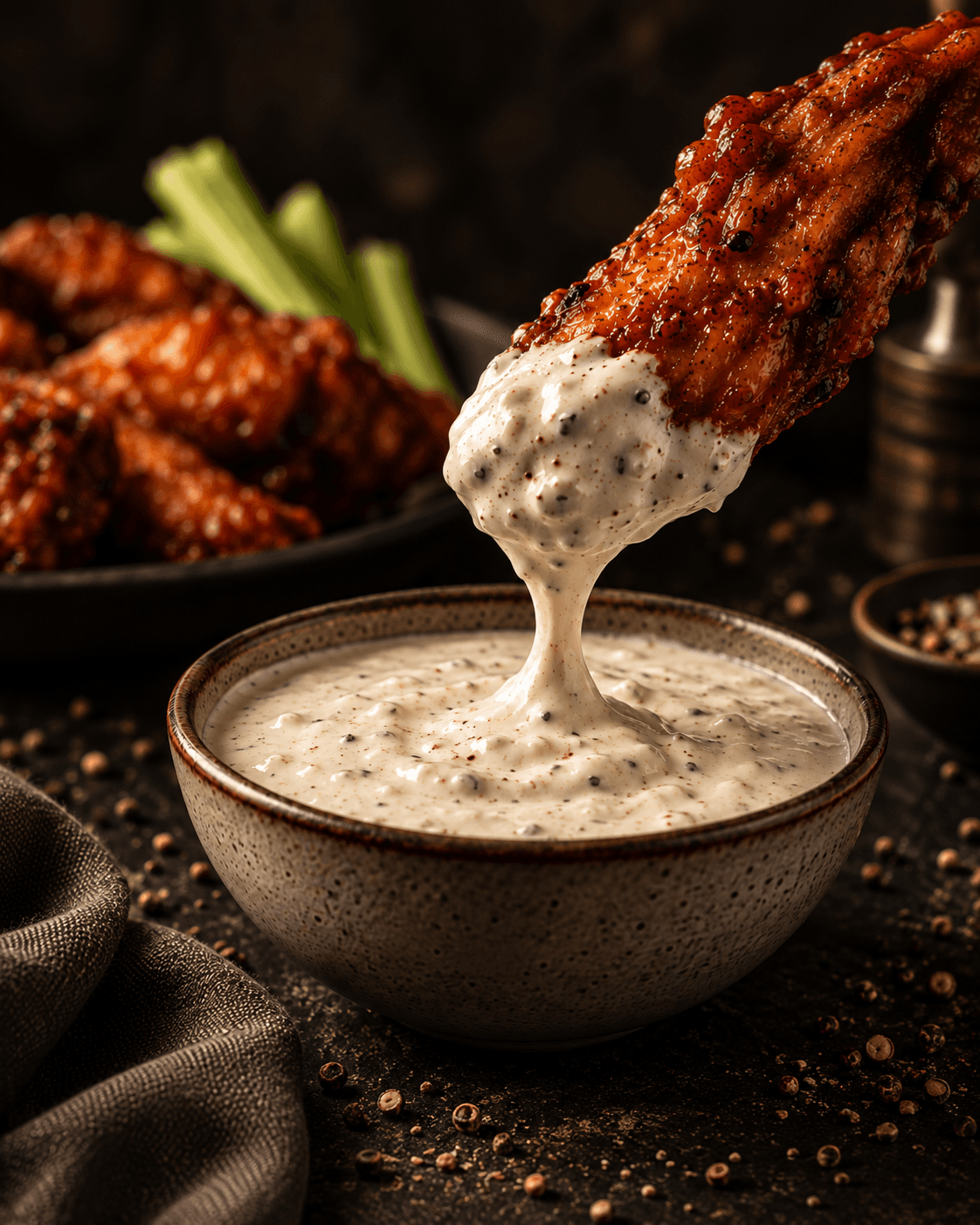 A crispy wing dipped into a bowl of Ranch Haus ranch, with more wings and celery in the background